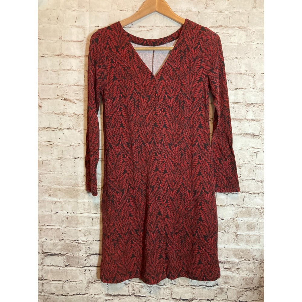 Garnet Hill Dress Womens XS Red Black Leaf Print Button Down Lyocell Stretch